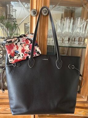 Lodis Black Pebbled Leather Tote with Floral Zip Pouch